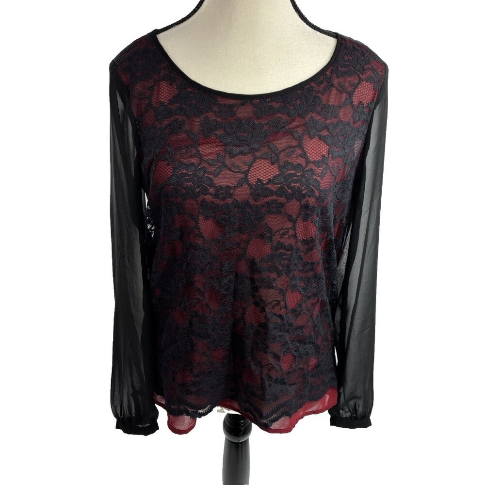 The Limited Womens Lace Blouse Sheer Long Sleeve Scoop Neck Top Size S Black Red